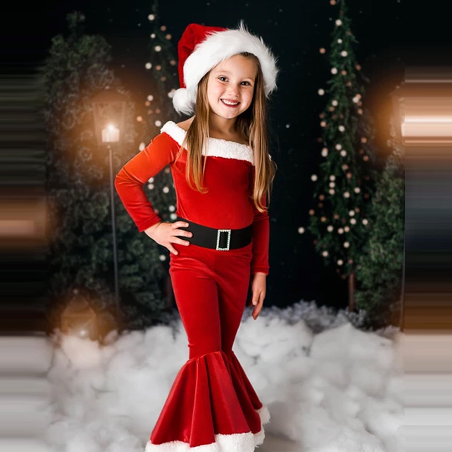 Winter Christmas Long-sleeved Shirt Bell Bottoms Hat Three-piece Children's Clothing