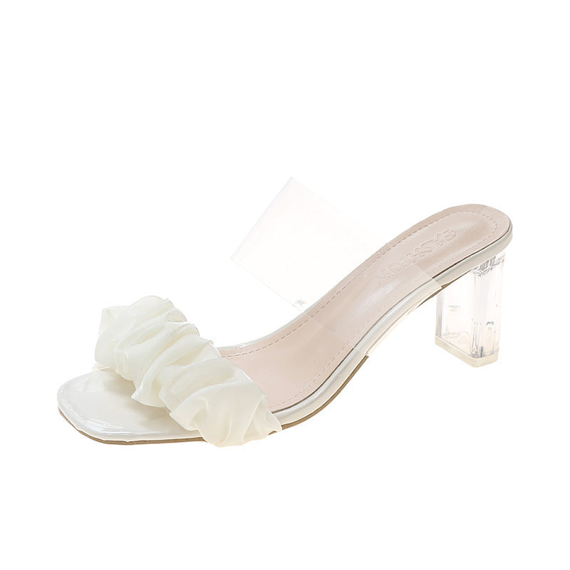 Fairy Style Transparent Chunky Heel Square Toe Pleated Sandals